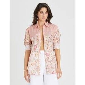 Aqua Blu Australia Blouse Size L Pink Floral Ruched Puff Sleeve Button Up Shirt